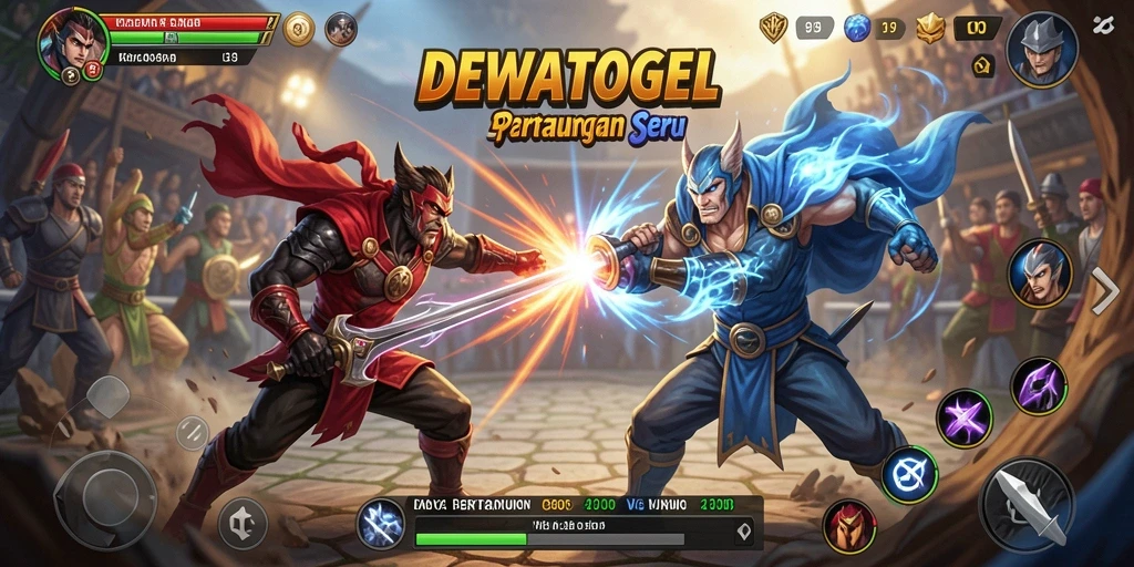 Screenshot gameplay DEWATOGEL menampilkan pertarungan epik antara karakter.