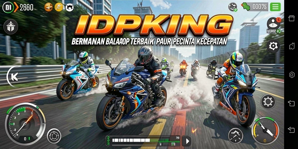 Tampilan gameplay seru di IDPKING dengan balapan motor cepat.