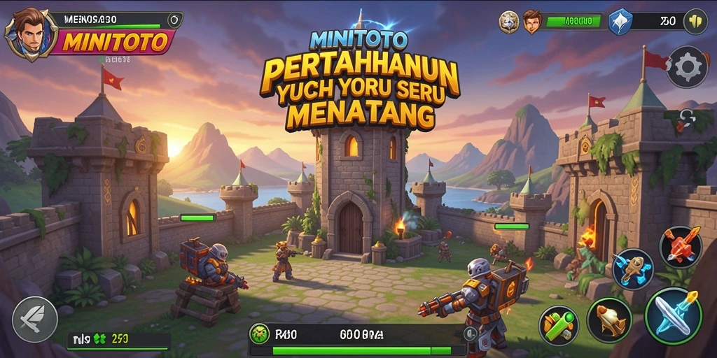 Screenshot gameplay MINITOTO menampilkan menara pertahanan dan gelombang musuh.
