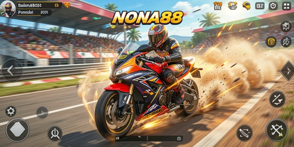 Tampilan gameplay NONA88 yang penuh aksi di lintasan balapan.