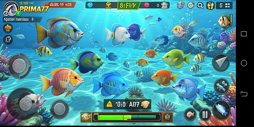 Tampilan gameplay seru dalam PRIMA77 saat menembak ikan.