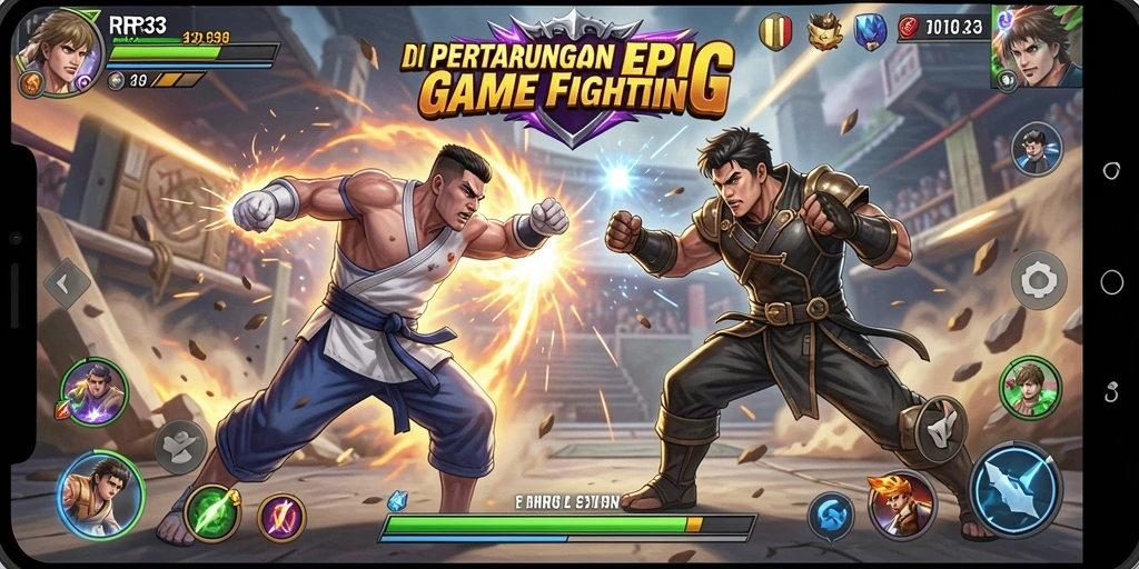 Screenshot gameplay RR33 menampilkan pertarungan epik antar karakter.