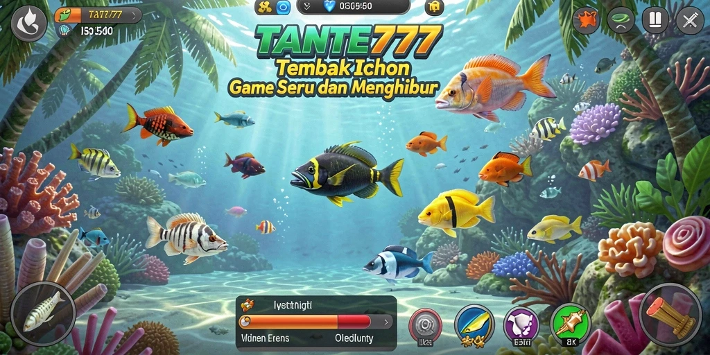 Tampilan gameplay TANTE777 saat pemain menembak ikan di bawah laut.