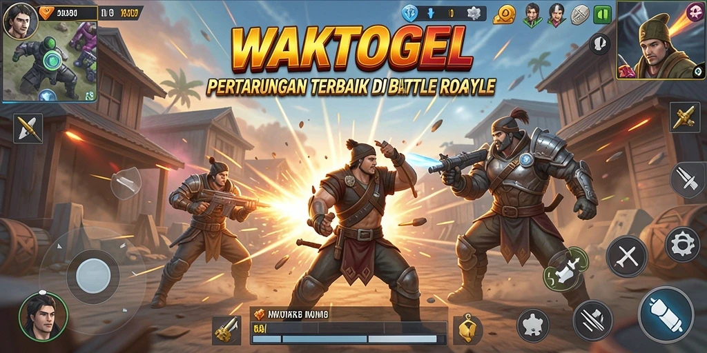 Gameplay seru di <strong>WAKTOGEL</strong> menunjukkan pertempuran intens Battle Royale.